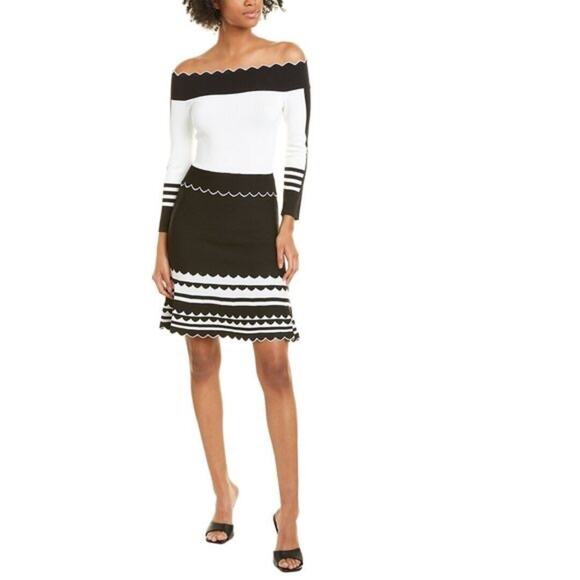 Yigal Azrouel Inc Black & White Striped Off Shoulder Knit Dress - Picture 6 of 14